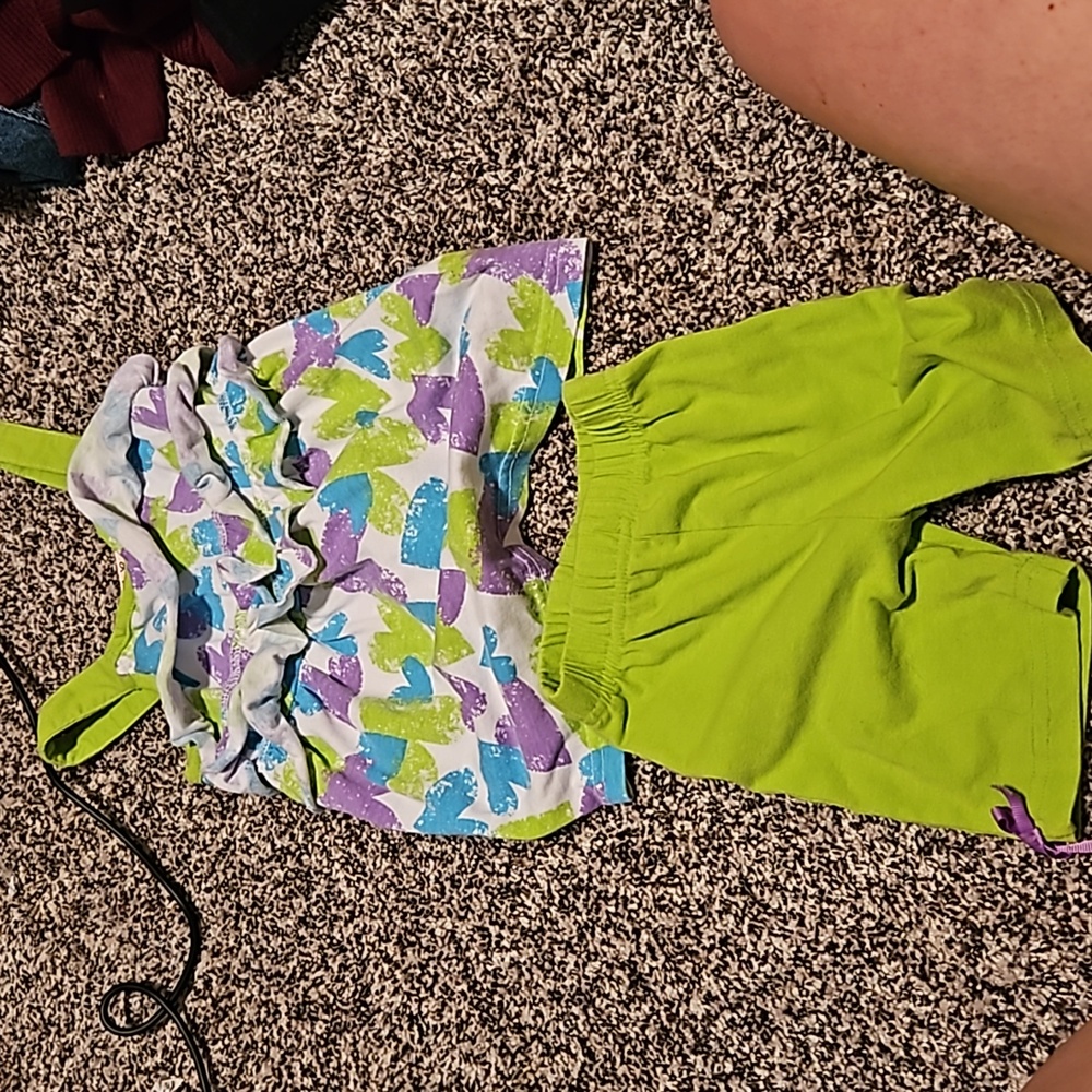 Little girl 3T play outfit. White, lime green, blue and purple. With hearts.